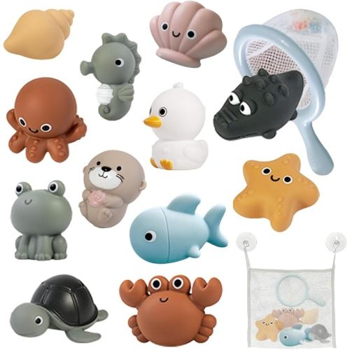 7PCS No Hole Mold Free Baby Bath Toys with Ocean Animals, Sealed Bathtub Toys for Infant with Spoons and Storage Bag, Soft, Float and Squeezeable Water Toy for Shower, Pool and Beach, Gift for 6-12M+