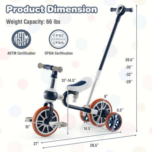 COSTWAY 4-in-1 Kids Trike Bike With Adjustable Parent Push Handle and Seat Height-Navy