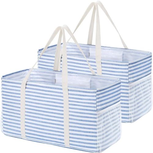 Lifewit Extra Large Tote Bag, Reusable Grocery Bags with Metal Wire Frame and Handles, Standing Utility Foldable Shopping Bags for Storage, Picnics, Beach, Laundry, Car, 46L, 2 Pack, Blue