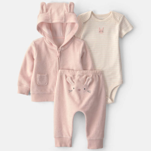 Baby Girl 3-Piece Bunny Terry Short-Sleeve Layering Set - Pink | Carter’s Oshkosh Canada