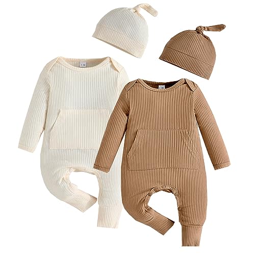 Bafeicao Newborn Baby Boy Girl Romper Ribbed Long Sleeve Jumpsuit with Hat Infant Coming Home Outfit Clothes Set