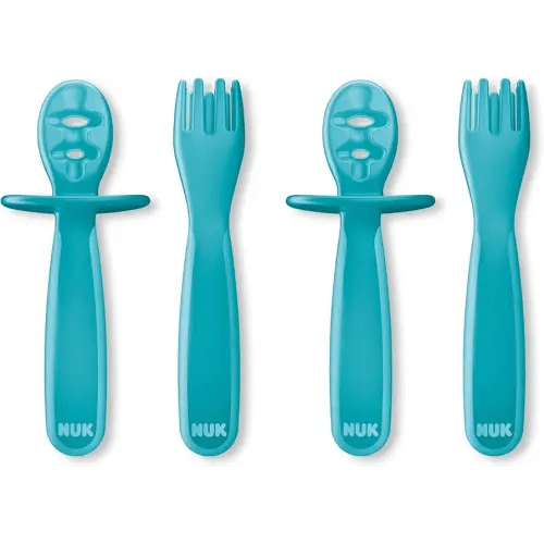 NUK Pretensil Dipper Spoon & Fork Set, Baby & Toddler Self-Feeding Utensils, Easy-Grip, Mess-Reducing Design, 4 Pack