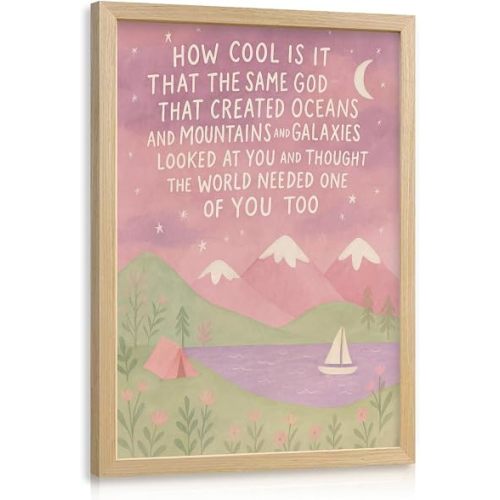 Framed Christian Nursery Wall Art Pink Mountain Girl Bedroom Decor 12x16 In