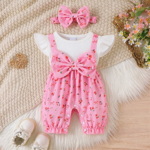 2PCS Sweet Floral Printed Bow Fly Sleeve Baby Jumpsuit