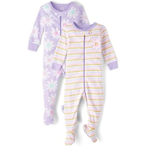 The Children's Place Baby Girls' and Toddler Long Sleeve 100% Cotton Zip-Front One Piece Footed Pajama