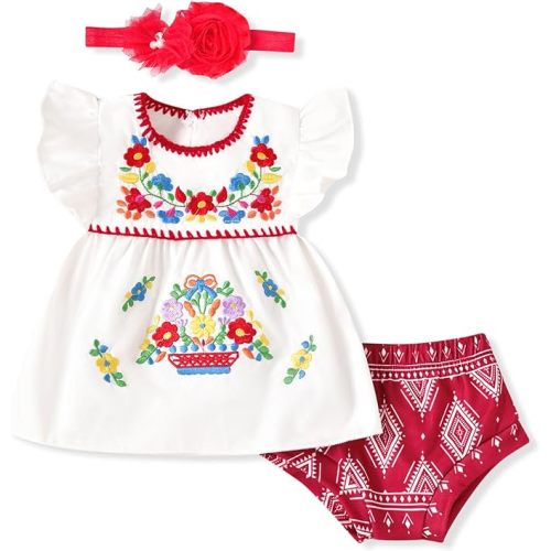 HINTINA Newborn Baby Girl Embroidery Mexican Dress and Shorts Set Ethnic Wear