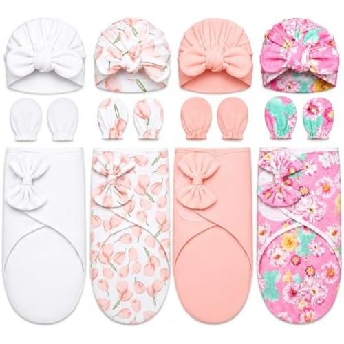 4 Pack Baby Swaddle Blanket with Hats & Mittens, Preemie Swaddle Set for Baby Adjustable Infant Outfit for 0-3 Months