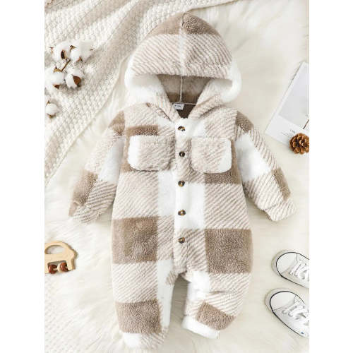 1lovebaby Plaid Hooded Romper - Winter Warm Jumpsuit for Baby - White/Brown / 12-18M