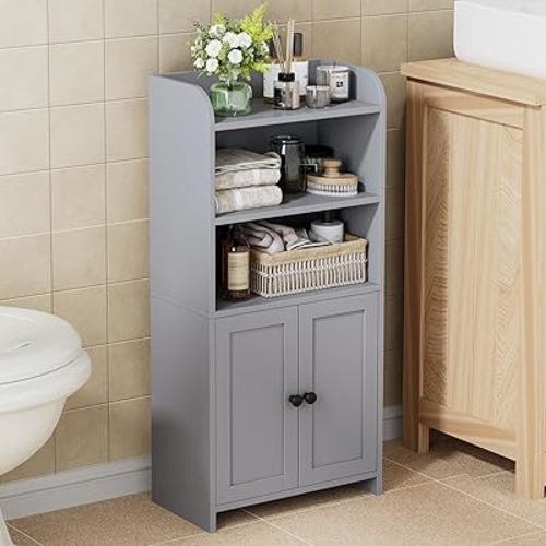 Homhedy Small Bathroom Storage Cabinet, Freestanding Toilet Paper Storage with 2 Doors and Shelves, Bathroom Organizers and Storage for Small Spaces, Laundry Room, 7.9" D x 14.6" W x 31" H, Gray