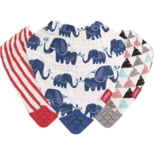 Nuby Reversible 100% Natural Cotton Muslin 3 Piece Teething Bib, Grey/Red/Blue, Arrows/Red Stripes/Elephants