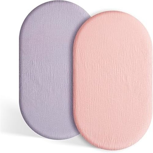 TILLYOU Muslin Bassinet Sheets Girls Boys, 100% Cotton Bassinet Sheets, Fit Oval, Rectangle and Square Mattress, 2 Pack，Light Purple&Light Pink