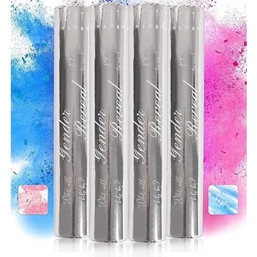 Gender Reveal Confetti Powder Cannon - 2 Blue & 2 Pink Poppers - Gender Reveal Party Supplies - Smoke Powder & Confetti Sticks Cannons - Reveal Stickers 40pcs (20 Girl 20 Boy)