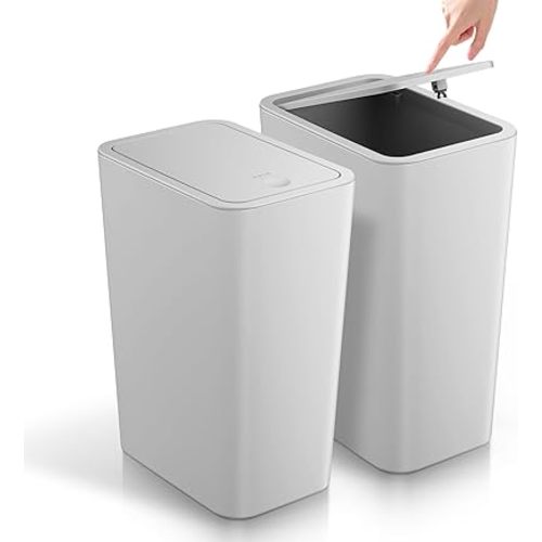 TIPGO Bathroom Trash Can with Lid, 4 Gallon / 15 Liter Small Garbage Can, Press Top Bin, Plastic Wastebasket with Pop-Up Lid for Bedroom, Living Room, Office (Grey, 2 Pack)