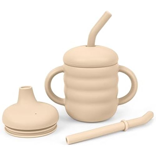 Cute 2-1 Silicone Straw Sippy Cup with Stopper - 5.4 OZ Spill-Proof Sippy Cups for Baby 6+ Months (1, Beige - 2Lids)