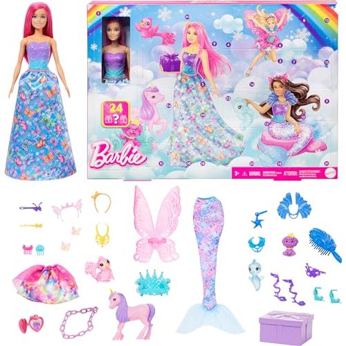 Barbie Advent Calendar with Doll & 24 Surprise Accessories Including Unicorn & 3 Pets, Transform Pink-Haired Fashion Doll into Mermaid, Fairy & More