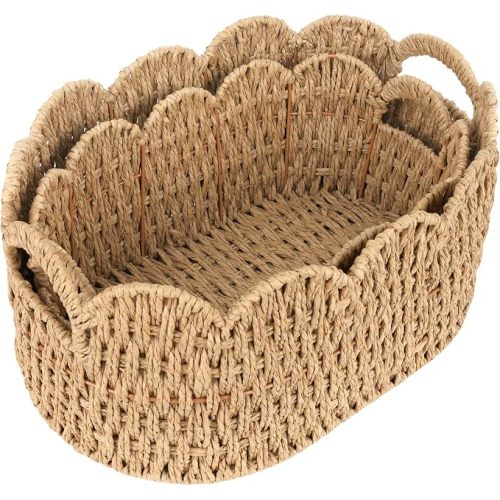 iEGrow Paper Rope Scalloped Basket, Set of 2 Woven Storage Wicker Baskets with Handle for Organizing and Shelves, Cute Boho Oval Baby Baskets for Decor, Towel, Toys, Nursery, Book, Gift Natural