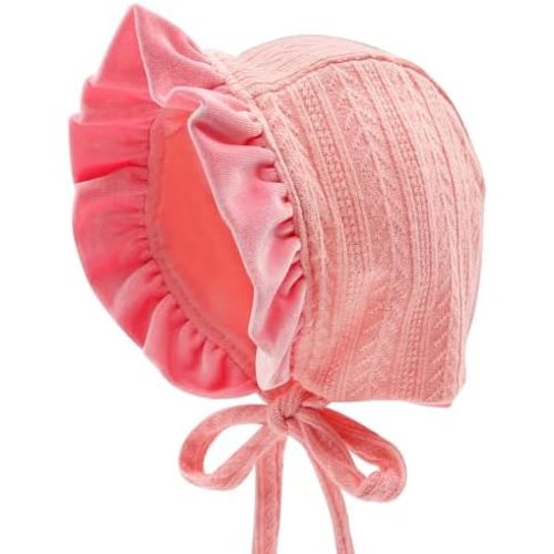 Baby Girls Bonnet Ultra Soft Christening Bonnet Cap Lovely Velvet Flounce Adjustable Hats 0-12 Months