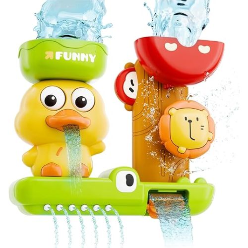 iPlay, iLearn Bath Toy for Toddlers 1-3, Baby Waterfall Duck Bathtub Toy W/ Suction Cup, Kid Bath Tub Shower Playset, Infant Bathtime Fun Birthday Summer Gifts 18 24 Month, 2-4, 3-5 Year Old Girl Boy