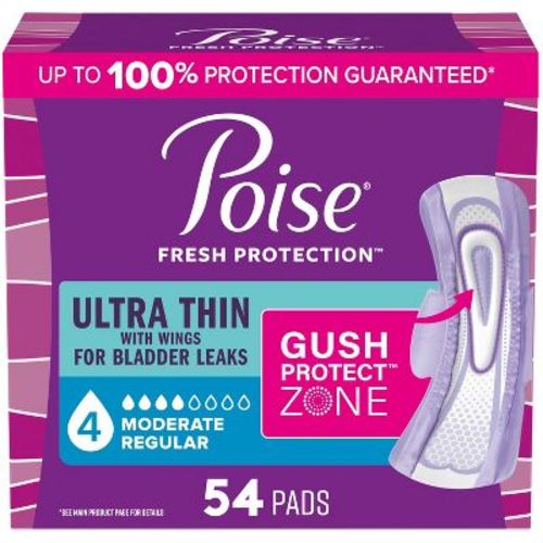 Poise Ultra Thin Incontinence Pads with Wings for Women - Moderate Absorbency - 4 Drop - Regular - 54ct