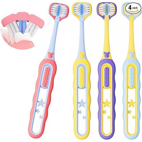 Toddler Toothbrush 4 Pack, Soft Baby Toothbrush Efficient 3 Sided Kids Tooth Brush for Ages 1-12 Years, Infant Training Tooth Brush Complete Tooth and Gum Care, Easy to Grip(Patent)