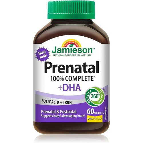 Jamieson Prenatal 100% Complete Multivitamin + DHA, with Folic Acid and Iron, 60 Softgels. For Prenatal, Postnatal and Breastfeeding, Supports Baby's Developing Brain, Gluten-Free, One Per Day