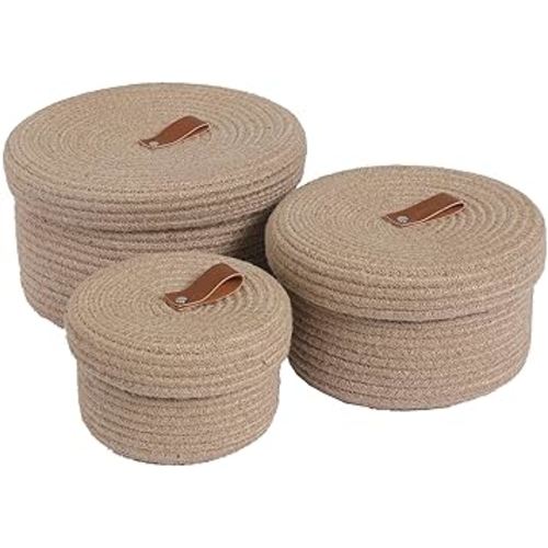 Cottonphant Set of 3 Stylish Round Woven Baskets with Lids - Elegant Storage Solution for Home Decor and Organization - Compact Shelf Baskets, Jute