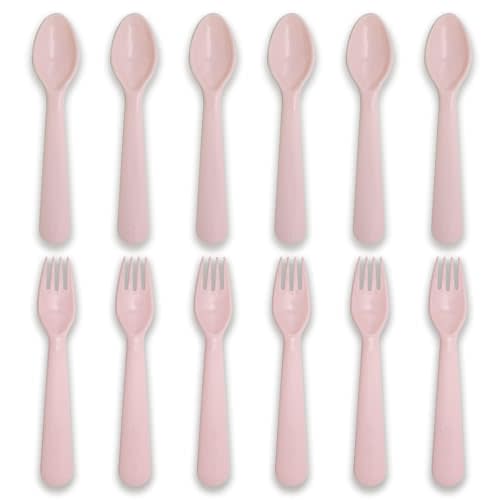 Muulaii 12 Pcs Kids Spoons and Forks Toddler Utensils Plastics Reusable Silverware Baby Cutlery Set Feeding Dinnerware Utensils BPA Free Microwave Dishwasher and Freezer Safe- Pink