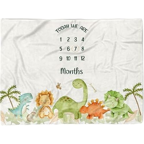 MDPrints Global Twin Milestone Blanket, 40"x50" Dinosaur Baby Monthly Newborn Photo Props, 12 Month Growth Chart
