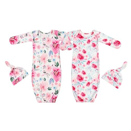 Giggle Angel Newborn Baby Sleeper Gown with Hat Knotted Gown Nightgown Coming Home Outfits for Baby Girl 2 Pieces Set