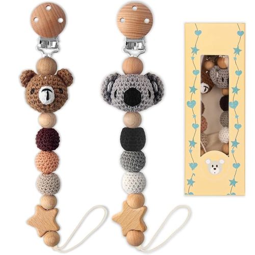 Pacifier Clip, 2 Pack Pacifier Holder for Boys and Girls, Cute Deer Handmade Knitted Christmas Pacifier Clip Fits for Most Pacifier, Baby Teethers, Baby Shower and Baby Gift(Elephant&Deer)