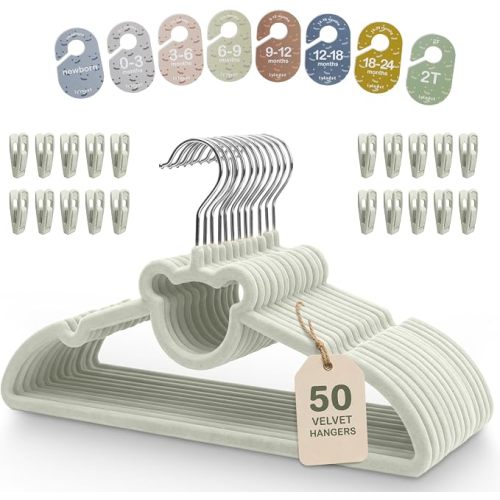 Velvet Baby Hangers with Clips & Size Dividers – 50 Pack Kids Velvet Hangers for Newborn to Toddler Clothes – Non Slip Space Saving Closet Organization
