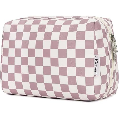 Narwey Checkered Makeup Bag Pink Travel Cosmetic Bag Organizer Toiletry Bag Make Up Bags with Compartments for Women Girls (Large, Dusty Rose Checkerboard)