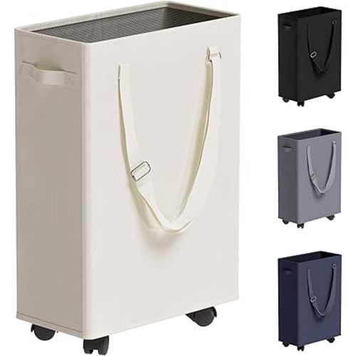 45L Slim Rolling Laundry Basket with Wheel & Adjustable Long Handles, Beige