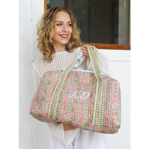 Embroidered Bridesmaid Weekender Bag | Personalized Quilted Travel Tote | Block Print Bridal Party Gift | Monogram Floral Carry On Duffel