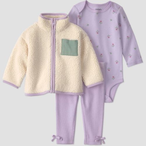 Carter's Just One You® Baby Girls' 3pc Long Sleeve Floral Printed Bodysuit, Pants and Jacket Set - Lilac 3M