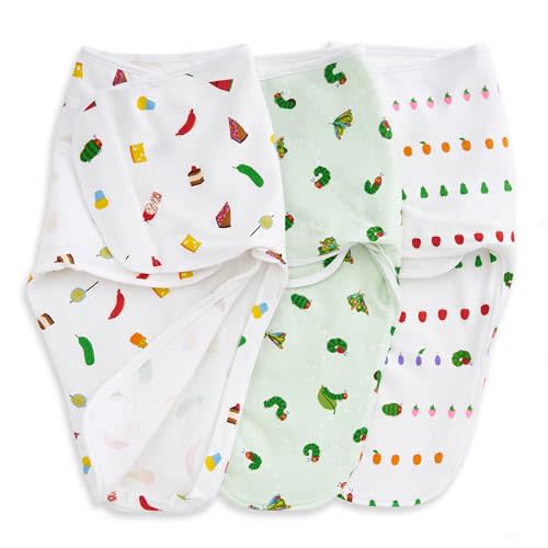 aden + anais Essentials Easy Swaddle Wrap Quick Change with Bottom Zipper, Snug Cotton Knit Baby Wrap Swaddle Blanket for Newborns, TOG 1.0, 3-Pack, Very Hungry Caterpillar, 0-3 Months, Small/Medium