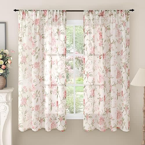 Floral Sheer Curtains for Girls Bedroom, Vintage Farmhouse Light Filtering Privacy Semi-Sheer Linen Curtains for Kids Nursery 63 Inches Long 2 Panels, Rod Pocket, Pink, Each 52 Inch Wide