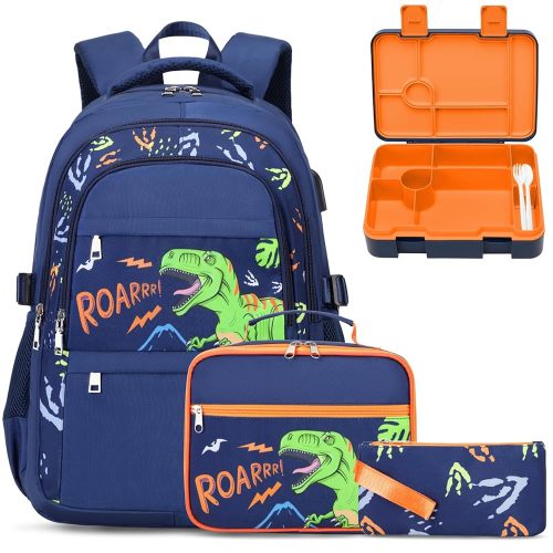 Boys Backpack - Dinosaur Bento Box with Insulated Lunch Bag Pencil Case & Utensils Set for Kids, 6 Leakproof Compartments Removable Tray Lunches or Snack Container