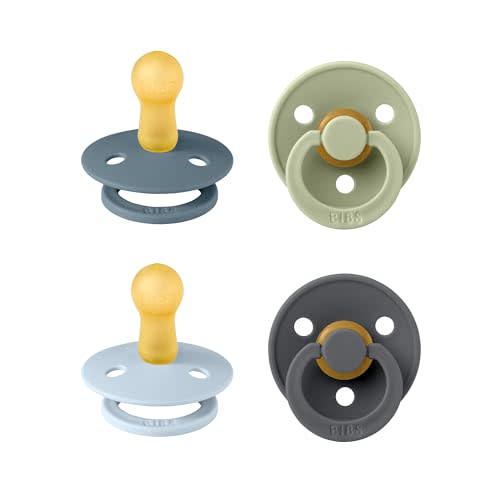 BIBS Colour Pacifier, 6-18 Months, 4-Pack, Round Nipple, Baby Blue Mix | Natural Rubber Latex | Size 2 | BPA-Free | Made in Denmark | High Nipple Acceptance | Airflow Holes | Comfort Shield