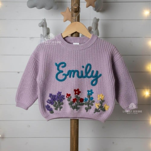 Personalized Floral Embroidered Baby Sweater: Custom Name Jumper