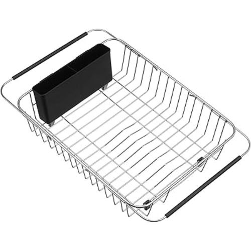 SANNO Expandable Dish Drying Rack Over The Sink Dish Drainer Dish Rack in Sink or On Counter with Utensil Silverware Storage Holder, Rustproof Stainless Steel