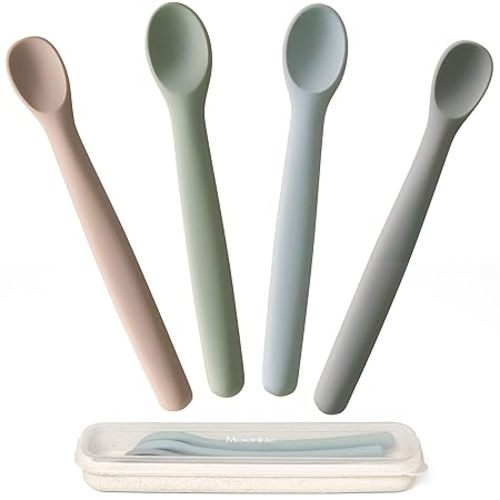 Moonkie Silicone Baby Spoons Set of 4, Toddler Spoons for Self Feeding 6 Months, Two Sizes Feeding Spoons for First Stage 4+ Months, Infant, Baby Utensils with Case, Bendable, Chewproof & Boil-proof