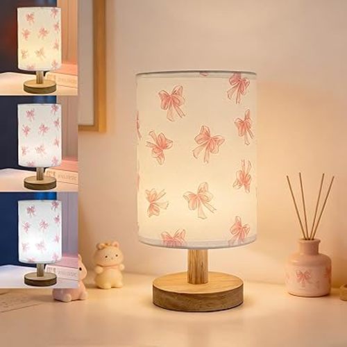 Pink Bow Bedside Table Lamp for Bedroom,Kids Room Decorative Lights 3 Colors Dimmable Nightstand Night Light with Flaxen Fabric Shade Desk Lamp for Girls Boys Birthday Gifts for Home Living room Decor