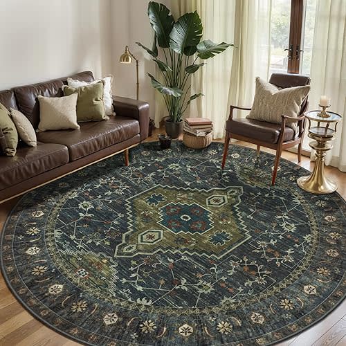 Tangsoo Green Round Area Rugs 6ft, Washable Circle Rug, Non Slip Boho Round Area Rug, Vintage Low Pile Circular Rugs,Large Rounds Rugs Carpet for Livingroom Bedroom Nursery Dorm Office Olive Green