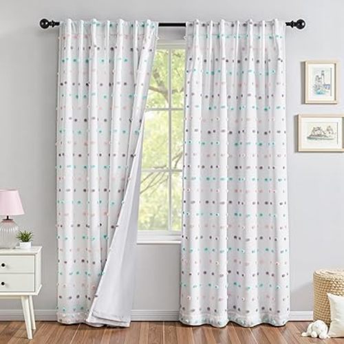 MYSKY HOME 100% Blackout Curtains for Bedroom 72 Inch Long Total Room Darkening Drapes for Kids Room Thermal Insulated Light Blocking Curtain with Rainbow Pom Pom Sheer Back Tab Set of 2, 52W x 72L