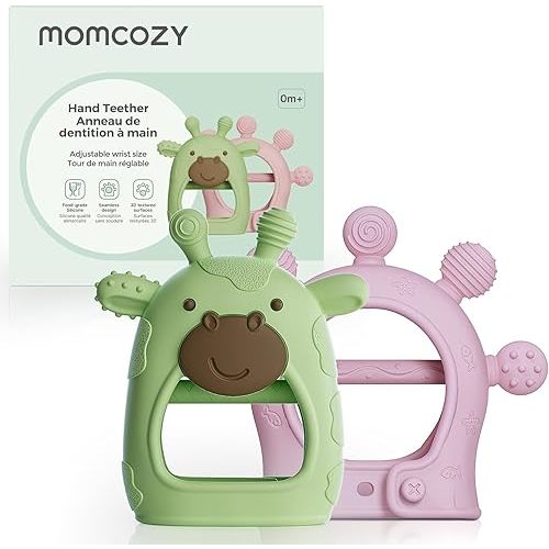 Momcozy Baby Teether Toys | Food Grade Silicone Teething Relief 0-6 Months | Toy 6-12 Months | Baby Essential | Green and Pink