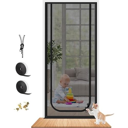 Dixutzi Reinforced Cat Screen Door Fits Door Size 32''x 80'', Heavy Duty Pets Proof Screen Door with Zipper, Prevent Dogs Cats Running Out from Home (Black)