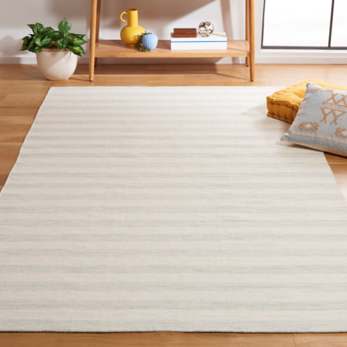 Waukena Hand Woven Flat Weave Wool/Cotton Striped Rug in Light Blue/Ivory