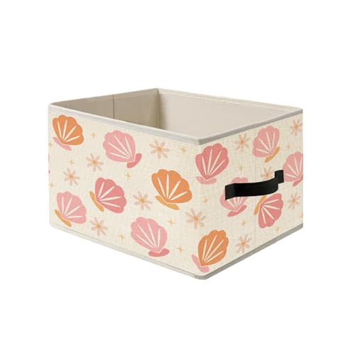 Evcprz Preppy Pink Coastal Beach Seashell Storage Bins, Boho Floral Ocean Collapsible Fabric Storage Basket Box Organizer for Bedroom Nursery Living Dorm Room Clothes Toys Books, Toybox for Girls Room