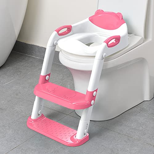 Potty Training Seat ，SKYROKU Potty Training Toilet with Step Stool Ladder, for Kids Boys Girls Toddlers - Comfortable Safe Potty Seat with Anti-Slip Pads Ladder (8838+Pink)